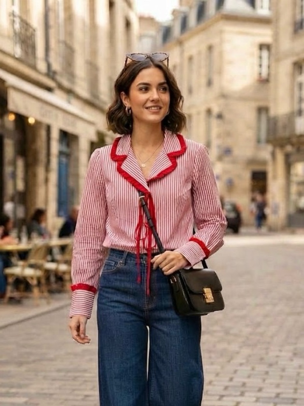 Red Striped Ruffle-Trim Women's Top